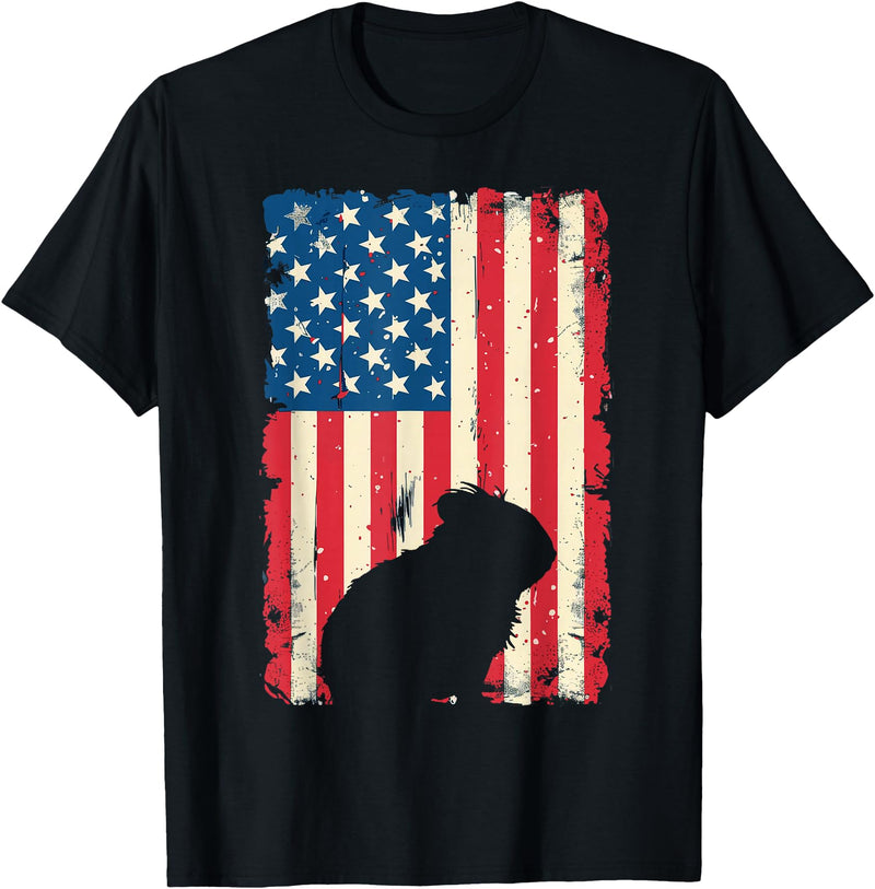 Christmas Patriotic Guinea Pig Animal 4th of July US American Flag Women Kids Men T-Shirt - Black