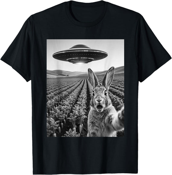 Rabbit Selfie with Alien UFO Funny Rabbit Lover Men Women T-Shirt in Black
