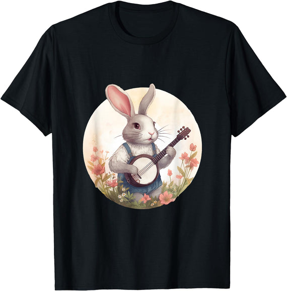Cute Bunny Rabbit Playing Banjo Cottagecore Vintage Graphic T-Shirt in Black