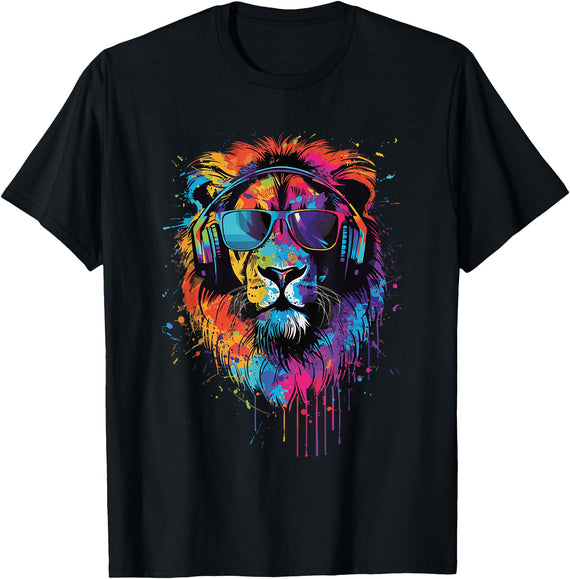 Lion Sunglasses Headphones Design Lion Sunglasses Headphones T-Shirt - Black