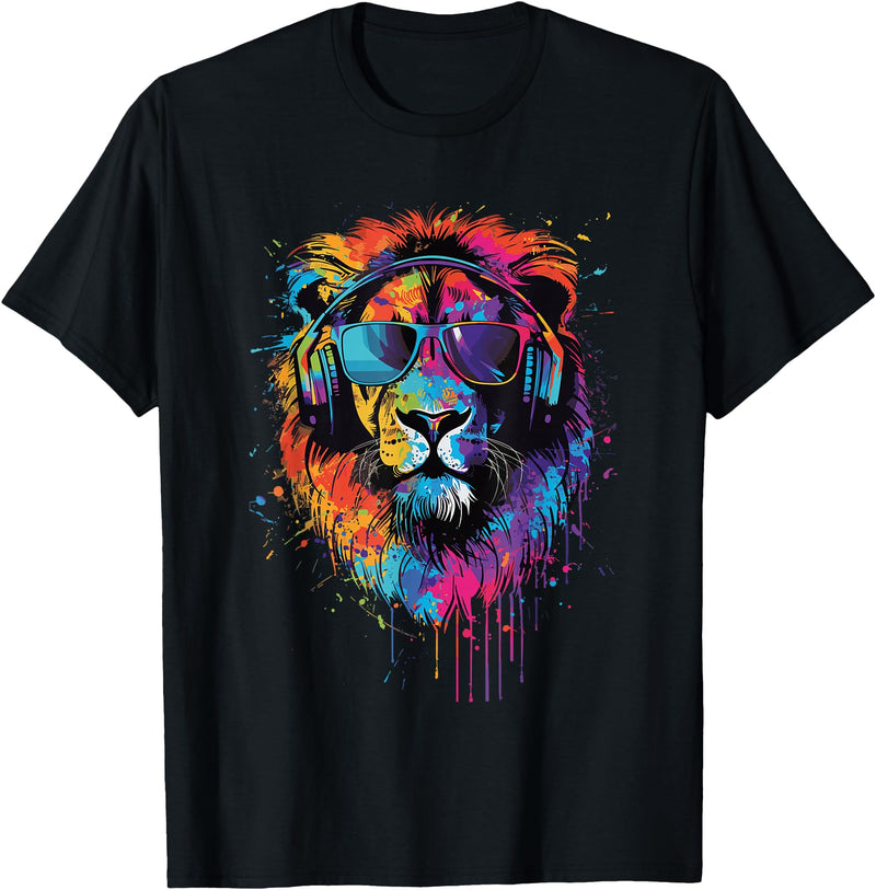 Lion Sunglasses Headphones Design Lion Sunglasses Headphones T-Shirt - Black
