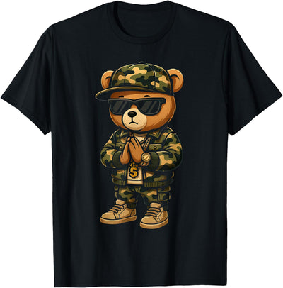 Camo Hip Hop Teddy Bear Prayer Mens Boys Stylish Streetwear T-Shirt