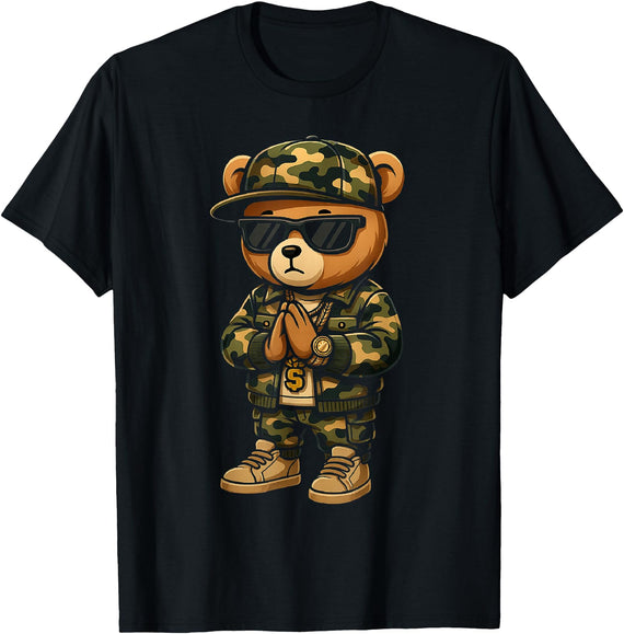 Camo Teddy Bear Hip Hop Streetwear Men's Designs Camo Hip Hop Teddy Bear Prayer Mens Boys Stylish Streetwear T-Shirt - As Pictured