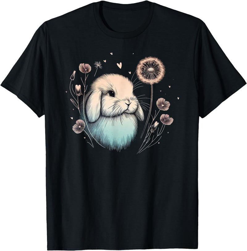 Love Holland Lop Rabbit Dandelion Floral Watercolor Bunny T-Shirt in As Pictured