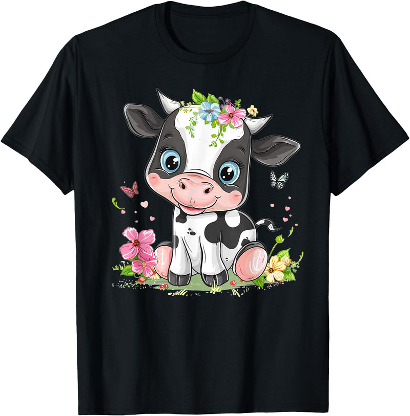 Colorful Cow Art I Cartoon Cow Cute Cow With Flowers I Kids Cow T-Shirt - Black