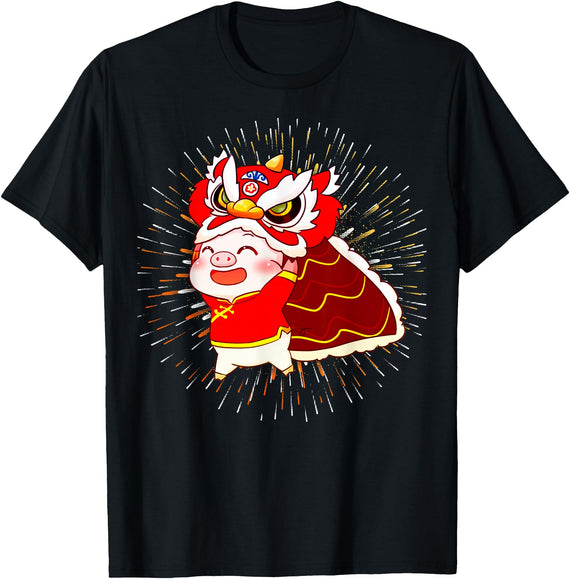 Funny Pig Chinese New Year Celebration Funny Pig Chinese New Year Lion Dancing Piggy T-Shirt - Black
