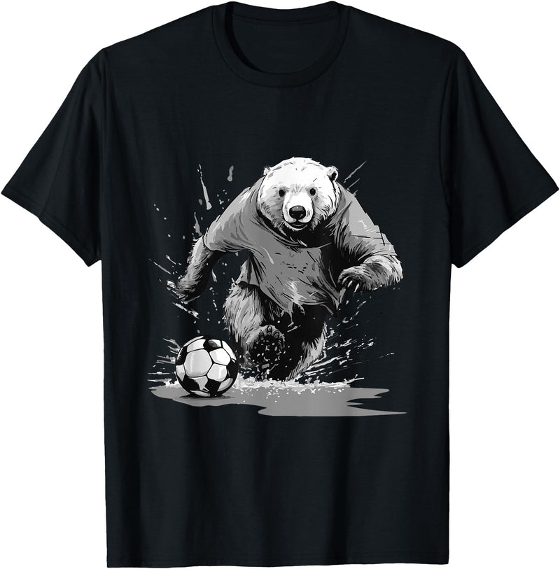 Animals In Sport Mood Polar Bear Playing Soccer Animal T-Shirt - Black