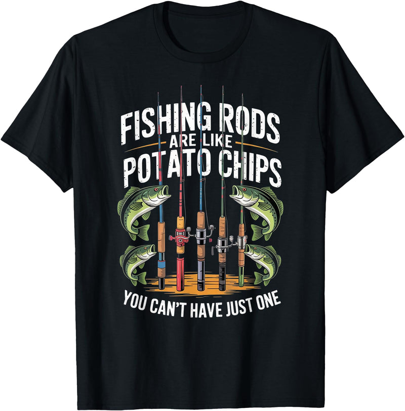 Angler Humor Co. Fishing Rods are Like Potato Chips Funny Dad Fisherman T-Shirt - Black
