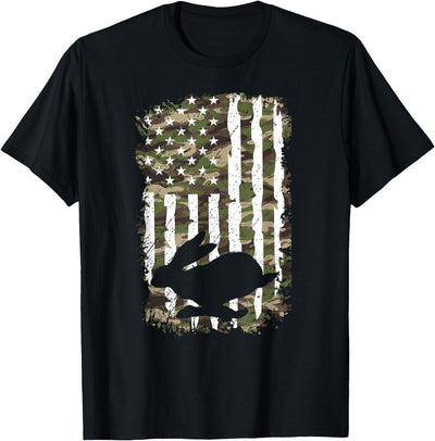 Rabbit Silhouette on Camouflage American Flag T-Shirt