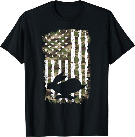 Rabbit Hunting US Flag Rabbit Hunter Lover T-Shirt in Black
