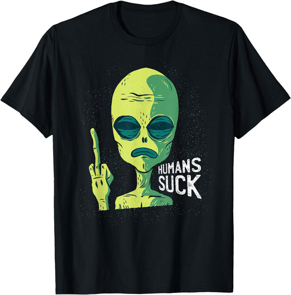 HALLOWEEN TEEZ APPAREL Humans Suck Shirt Funny Novelty Alien graphic Design - Black