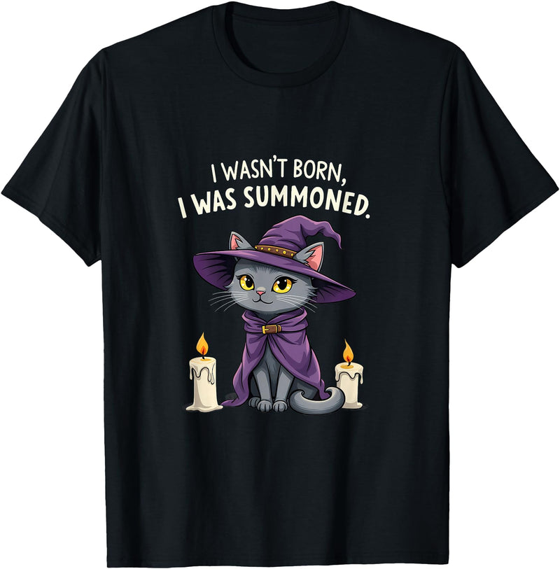 Halloween Cat With Purple Witch Hat Summoned I Wasn't Born I Was Summoned Halloween Black Cat T-Shirt - Black
