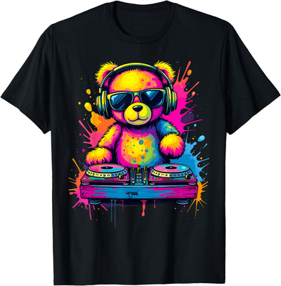 Colorful DJ Teddy Bear -Kids, Black, Small, Long Sleeve, Classic Fit Long Sleeve Shirt