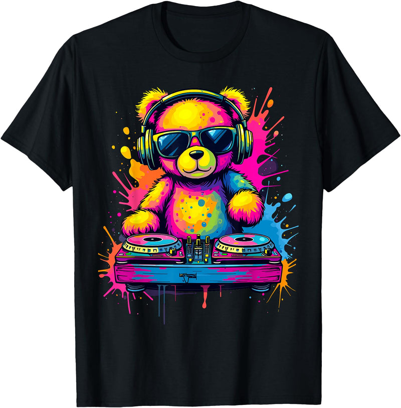 Magical and Funny DJ Gifts Colorful DJ Teddy Bear T-Shirt, Unisex-Kids, Black, Small, Long Sleeve, Classic Fit, Polyester 100% - Black