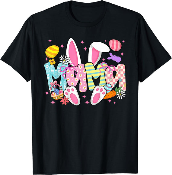 Easter Mama Bunny Ears Coquette Bow Easter Rabbit Mom Women T-Shirt in Black