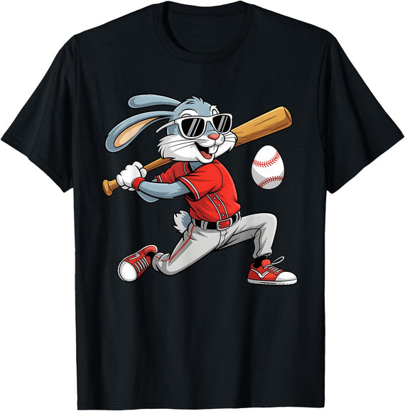 Happy Easter Bunny Rabbit Playing Baseball Mens Boys Kids T-Shirt in Black