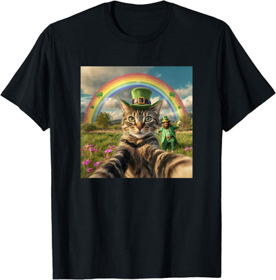 Threadrock St Patrick's Day Cat Selfie with Leprechaun Funny Photo T-Shirt