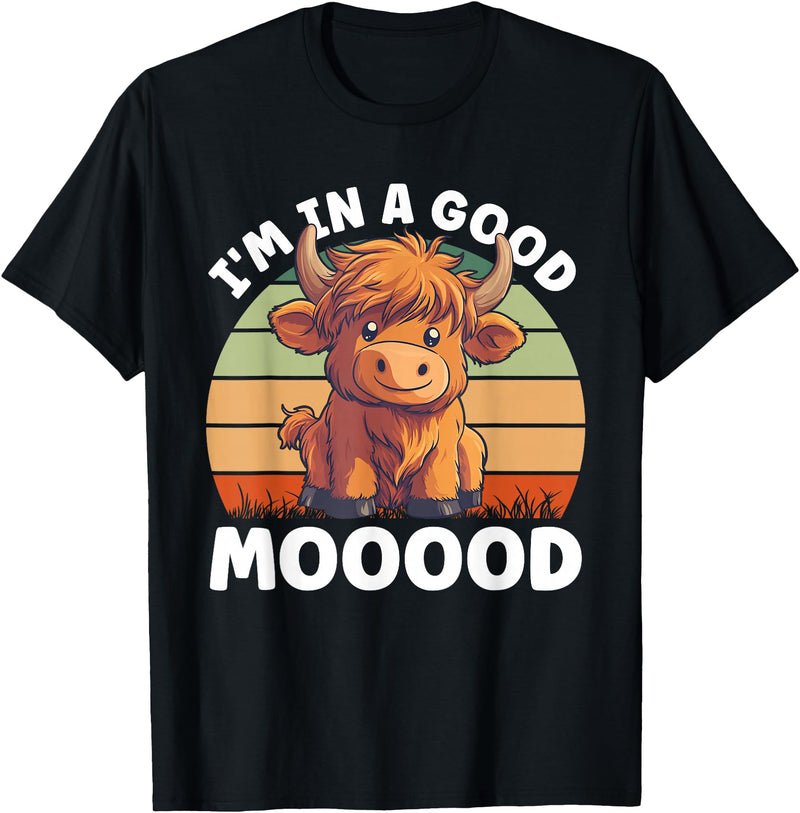 Funny Cow Design Farm Animal Lover Farmer Cowgirl Highland Cow Moo In A Good Mooood Carton Cow T-Shirt - Black