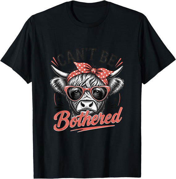 Moody Heifer Polka Dot Ranch Vibes Co Cant Be Bothered Funny Highland Cow Bow Sassy Farm Girl T-Shirt - Black