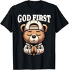 Christian Hip Hop Hustle Praying Teddy Bear Design God First Hip Hop Teddy Bear Cross Christian Streetwear Pray T-Shirt - Black