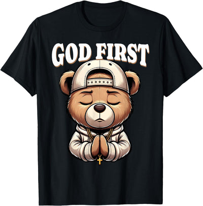 God First Hip Hop Teddy Bear Cross Christian Streetwear Pray T-Shirt