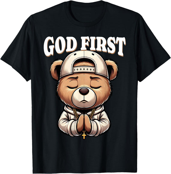 Christian Hip Hop Hustle Praying Teddy Bear Design God First Hip Hop Teddy Bear Cross Christian Streetwear Pray T-Shirt - Black