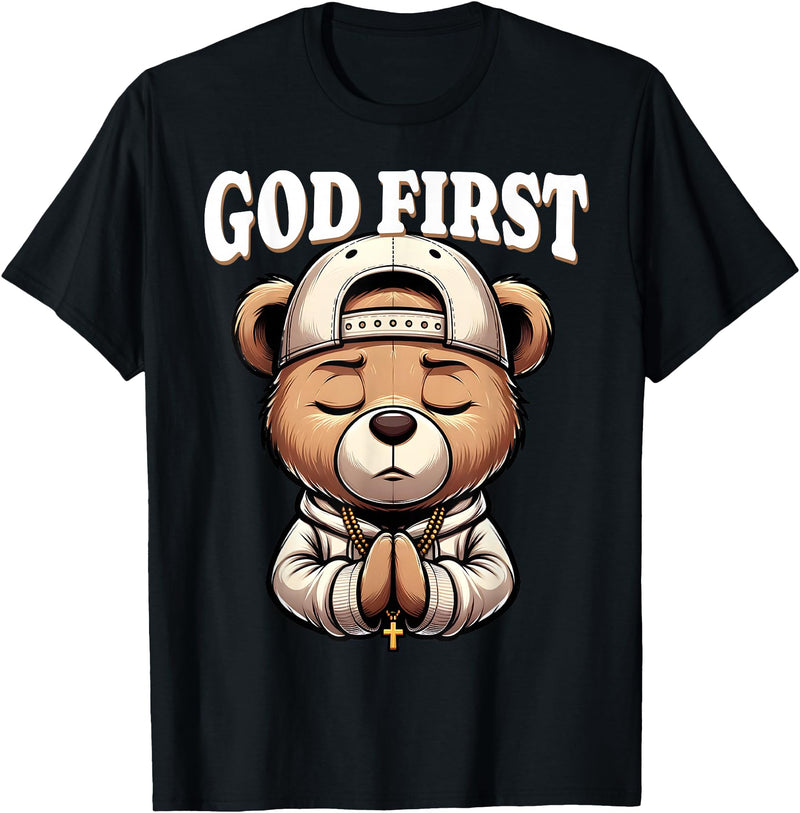 Christian Hip Hop Hustle Praying Teddy Bear Design God First Hip Hop Teddy Bear Cross Christian Streetwear Pray T-Shirt - Black