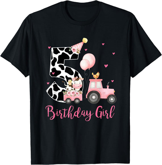 Milk Cow Print 5 Year Old Girl Birthday Gift 5th Birthday Outfit Girl 5 Year Old Farm Cow Chick Tractor T-Shirt - Black