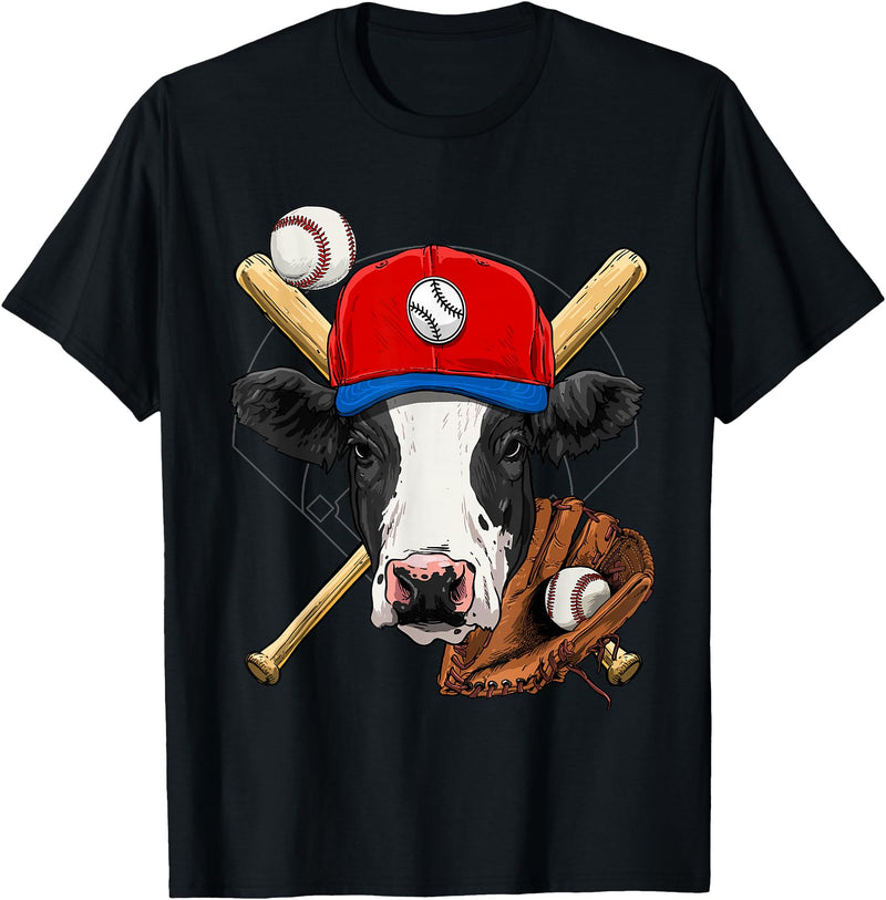 Wowsome! Cow Baseball Cow Lovers Baseball Player T-Shirt - Black