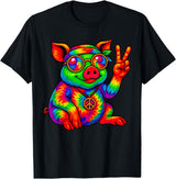 Magical and Funny Pig Gifts Tie-Dye Pig Peace Sign Hippo T-Shirt - Black