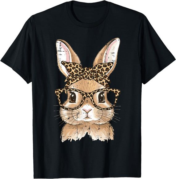 Easter Bunny Leopard Glasses Bandana Rabbit Women Girls Kids T-Shirt in Black