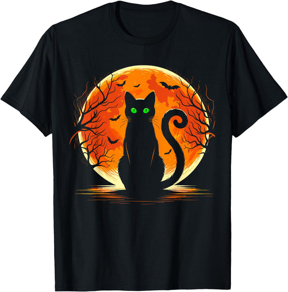 Halloween Cat Costume Scary Cat Costume Retro Moon Cat T-Shirt - Black