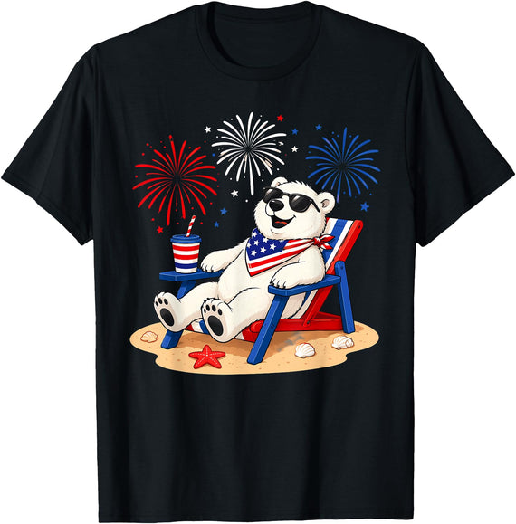 Polar Bear Patriotic Happy Beach Paws Co 4th of July Polar Bear Happy Beach Patriotic Animal Lovers T-Shirt - Black