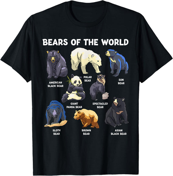 GoshWow Bears of The World Kawaii Types of Bears Wildlife Zoo Bear T-Shirt - Black