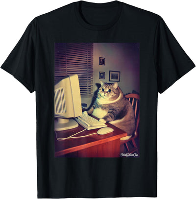 Totally Weird Tees Vintage Cat at Computer Funny Nostalgic Art T-Shirt