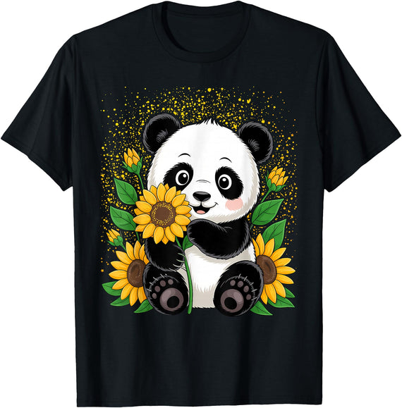 Panda Lover Gift Co. Panda Bear with Sunflowers, Panda Bear T-Shirt - Black