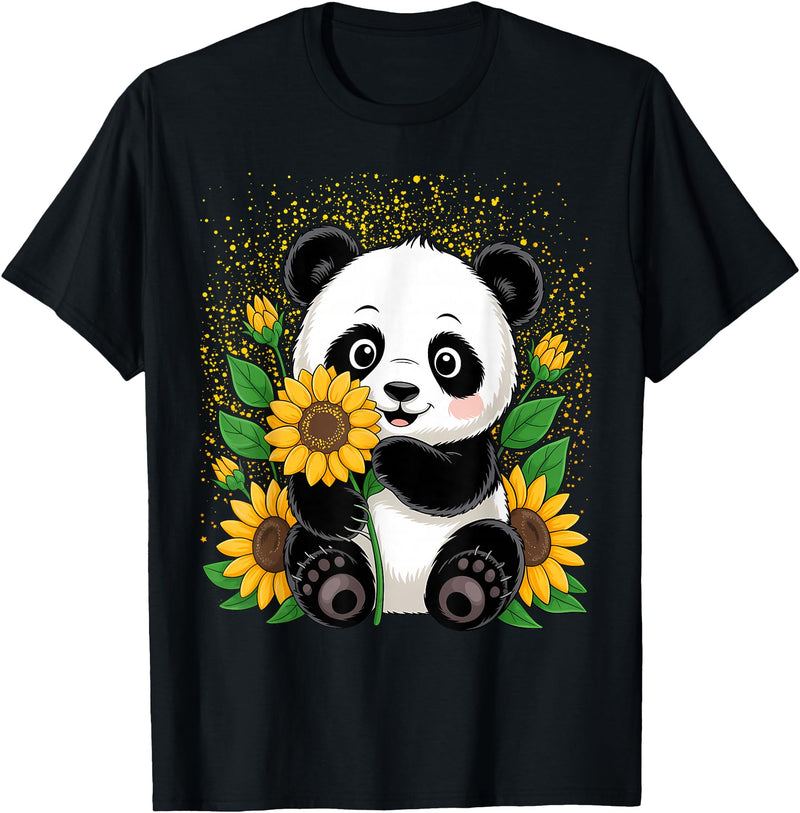 Panda Lover Gift Co. Panda Bear with Sunflowers, Panda Bear T-Shirt - Black