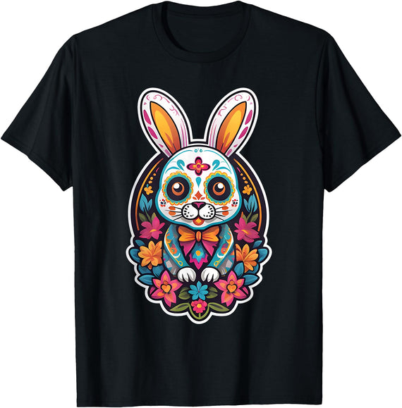 Sugar Skull Bunny Rabbit Ears Funny Easter Mexican T-Shirt in Black