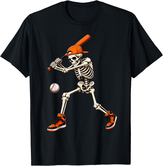 Funny Halloween Tees for Men Women Kids. Funny Skeleton Playing Baseball Halloween Men Boys Kids T-Shirt - Black