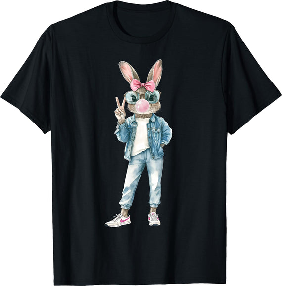 Funny Bunny Sunglasses Rabbit Coquette Bow Easter Trendy T-Shirt in Black