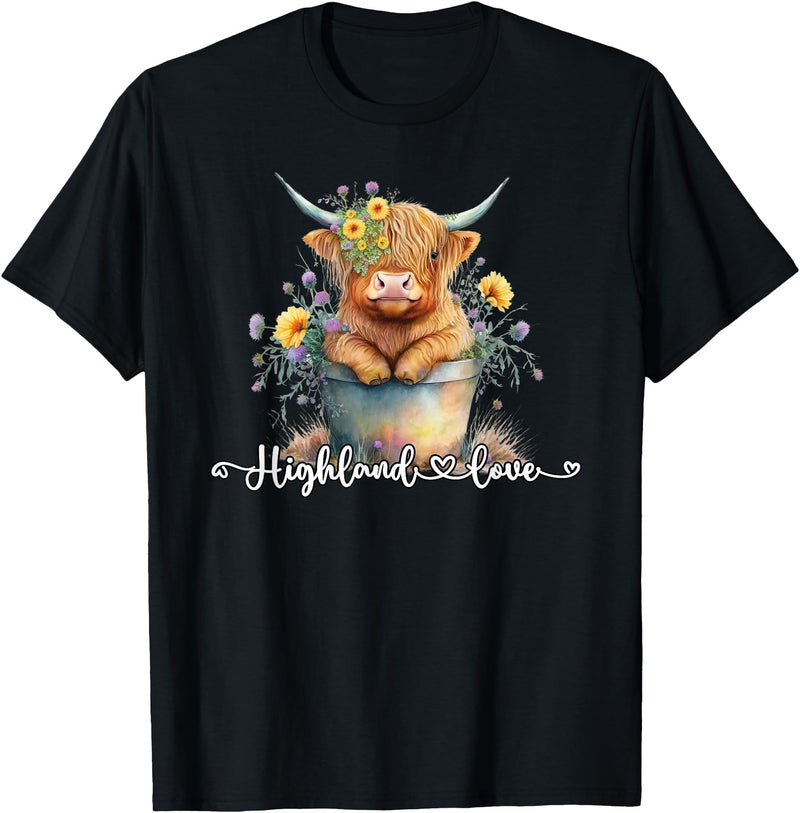 KAEDAM Gifts: Highland Cows Cute Baby Highland Cow Calf Love Spring Pastel Novelty T-Shirt - Black