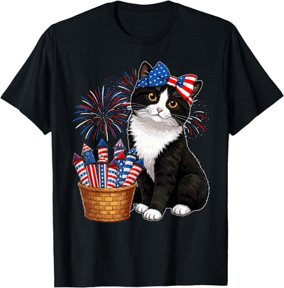 Cat Kitten Animal Lovers American Flag 4th of July 4th of July Tuxedo Black and White Cat Fireworks USA Flag T-Shirt