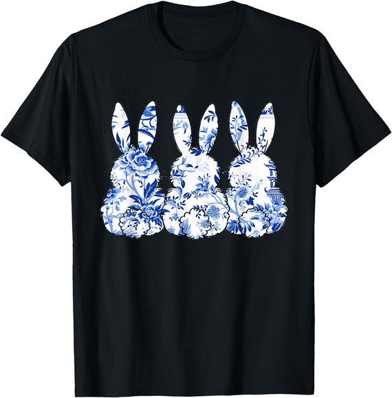 Chinoiserie Bunnies Blue and White Chinoiserie Florals Women T-Shirt in Black
