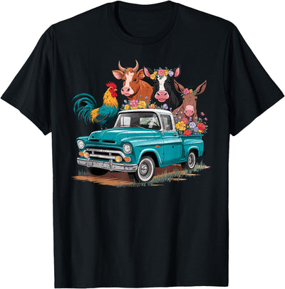 Farm Pickup Truck Farm Animals Cow Girl Wife Vintage Rooster T-Shirt