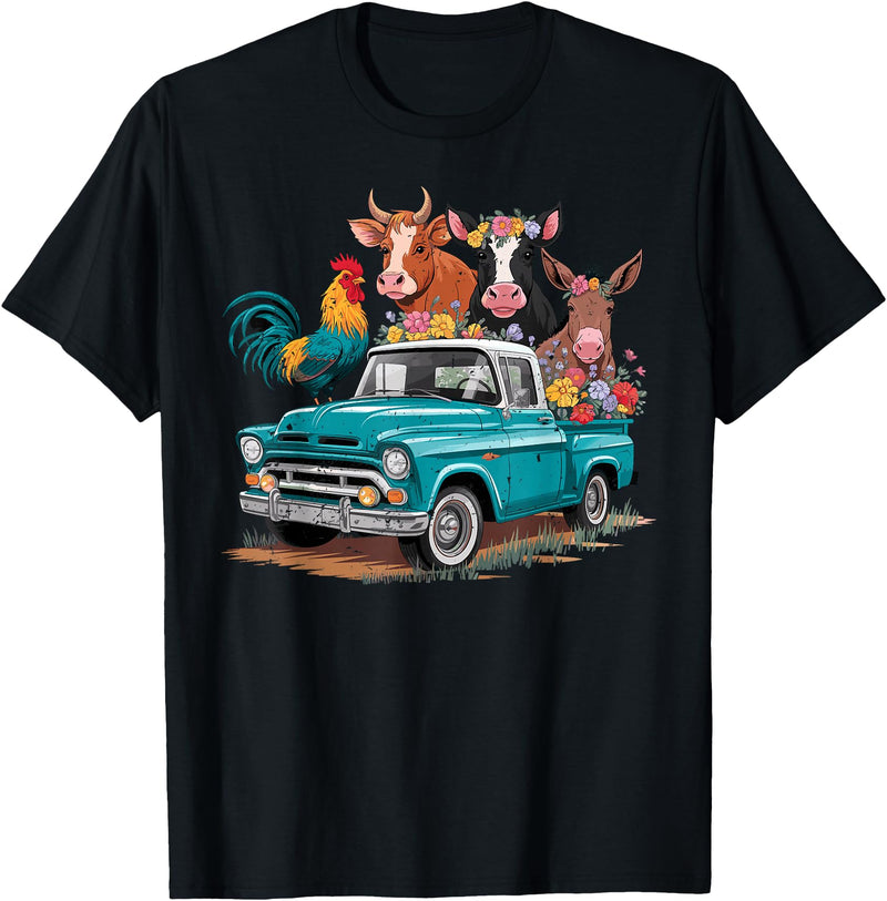 Farm Pickup Truck Farm animals Cow Girl Wife Tee Vintage Pickup Truck Farm Animals Rooster, Cow, Pig, Donkey T-Shirt - Black