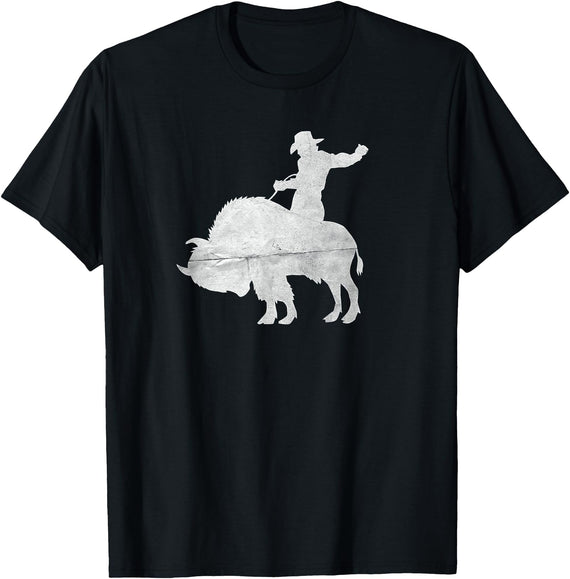 Mein erstes Rodeo Cowboy Riding a Buffalo Distressed T-Shirt - Black