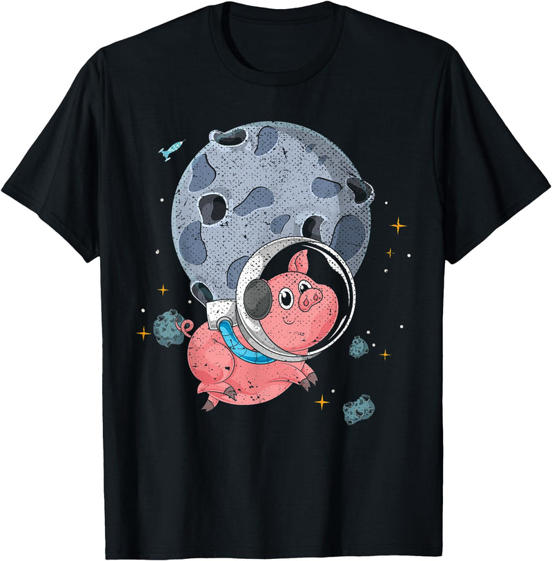 Pig Astronaut Space Travel Animal Gift Cute Farm Animal Moon Landing Outer Space Astronaut Pig T-Shirt - Black