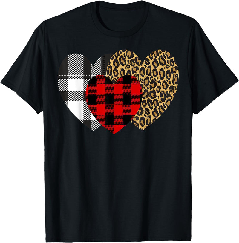 Leopard Heart Buffalo Red Black Plaid Gift Leopard Heart Buffalo Red Black Plaid Heart Valentine Day T-Shirt - Black