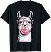 Cute Lama Llama Wearing Glasses Pink Apparel Llama Alpacas Wearing Glasses and Blowing Pink Bubble Gum T-Shirt - Black
