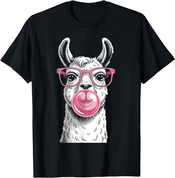 Cute Lama Llama Wearing Glasses Pink Apparel Llama Alpacas Wearing Glasses and Blowing Pink Bubble Gum T-Shirt - Black